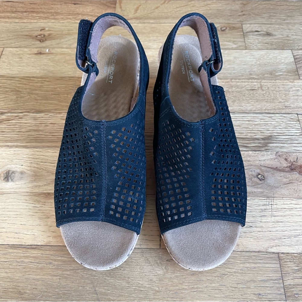 Rockport Briah Perforated Leather Slingback Wedge Sandals Black Women’s Size 8.5